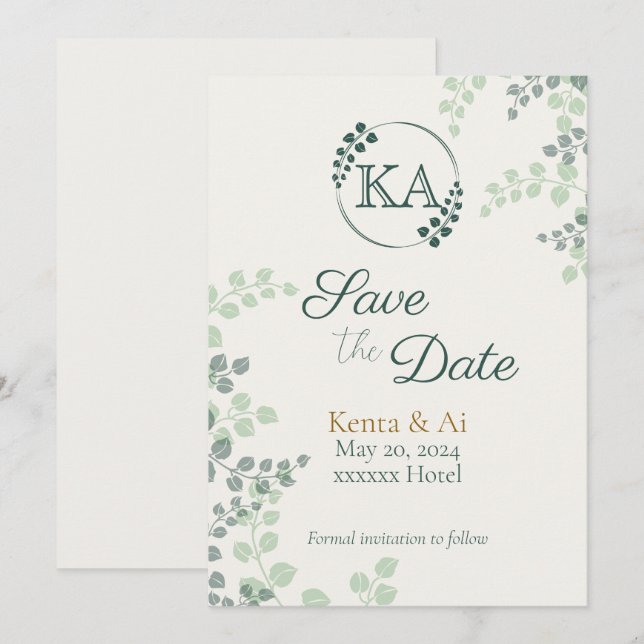 Vegetación y boda monograma Guardar la tarjeta de  (Anverso / Reverso)