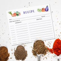 Vegetales acuarelas, tarjeta de receta culinaria