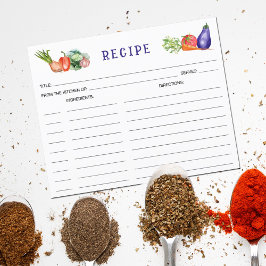 Vegetales acuarelas, tarjeta de receta culinaria