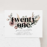 Veintiún florales - Invitación a cumpleaños número<br><div class="desc">Flores acuáticas modernas y hojas de boho con la palabra 'veintiuno' en negro. ¡Perfecto para tu fiesta de cumpleaños!</div>