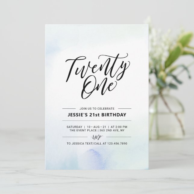Veintiuno Acuarela Azul Invitación de Cumpleaños 2 (Anverso de pie)