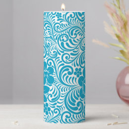 Vela De Columna Patrón floral ilustrado de margarita azul y blanca