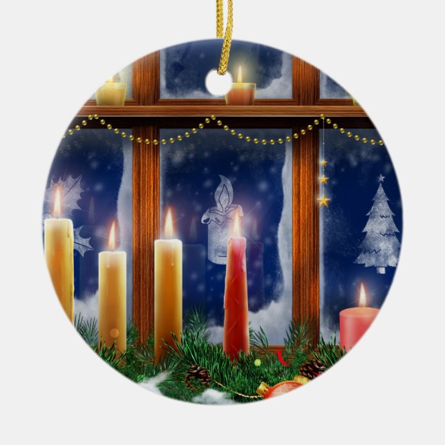 Vela en el ornamento del navidad de la ventana (Frente)