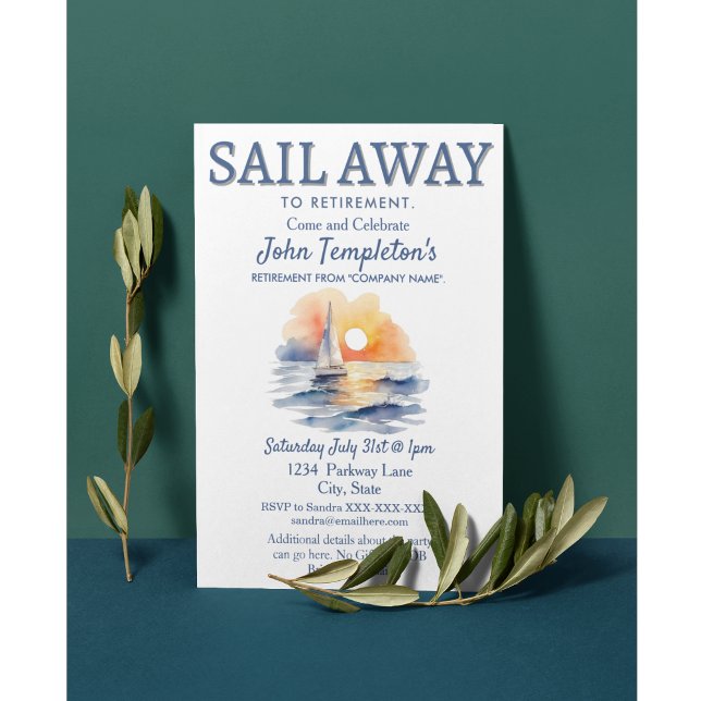 Vela invitaciones a partido de retiro (Sail Away! Sailing Sailboat Retirement party invitations)