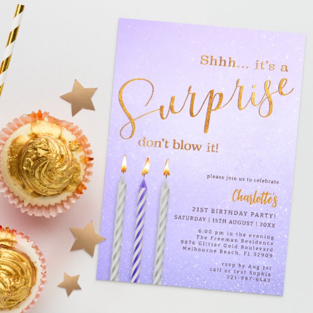 Vela Purpurina de invitación a cumpleaños con sorp (Surprise Birthday Party Invitation)