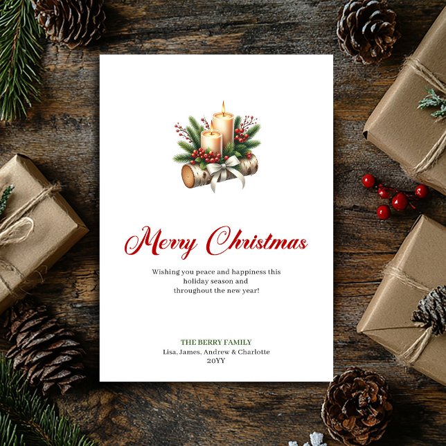 Velas de Navidad elegantes saludo de tronco de mad (Stylish Christmas candles wooden log greeting Holiday Card)