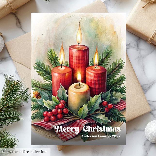 Velas de Navidad encantadoras con saludo rústico d (Charming Christmas candles rustic holly greeting Holiday Card )