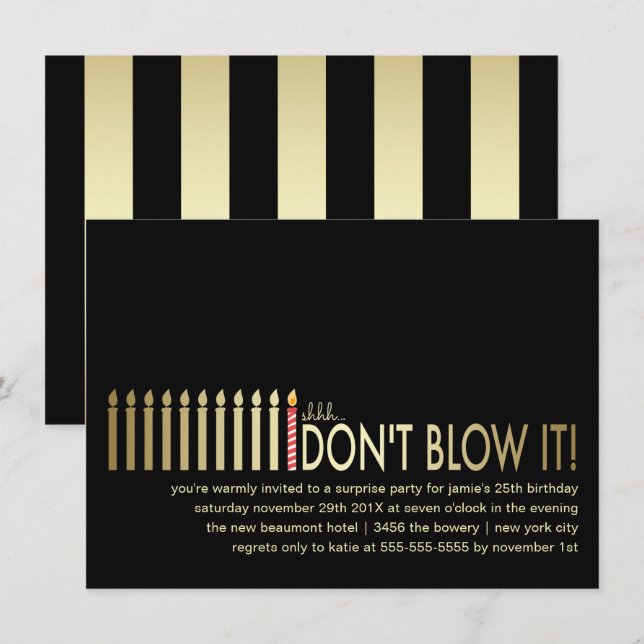 Velas de oro Sorpresa Invitación a la fiesta de cu (Anverso / Reverso)