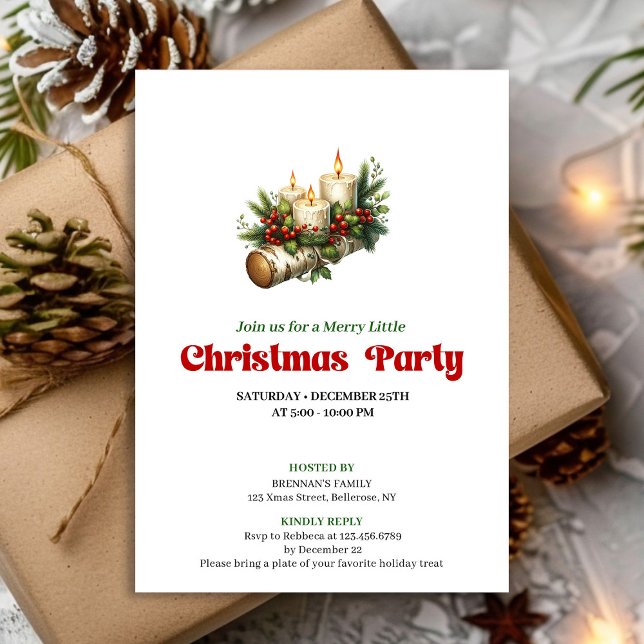 Velas Rústicas de Bayas de Acebo Invitación de Nav (Rustic Holly Berry Candles Christmas Invite Custom)