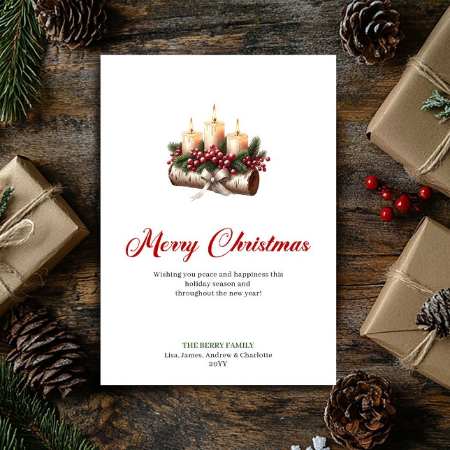 Velas rústicas de Navidad en tarjeta de tronco de  (Rustic Christmas candles on wooden log card)