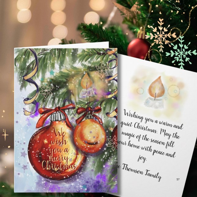 Velas y adornos de acuarela elegante para Navidad (Elegant Watercolor Candle & Ornaments Christmas Holiday Card)