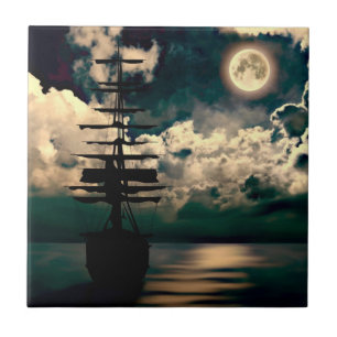 Velero con luna llena baldosa