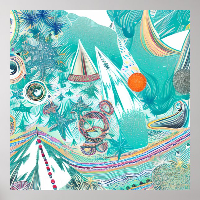 Veleros y criaturas marinas resumen arte en la pla (Frente)