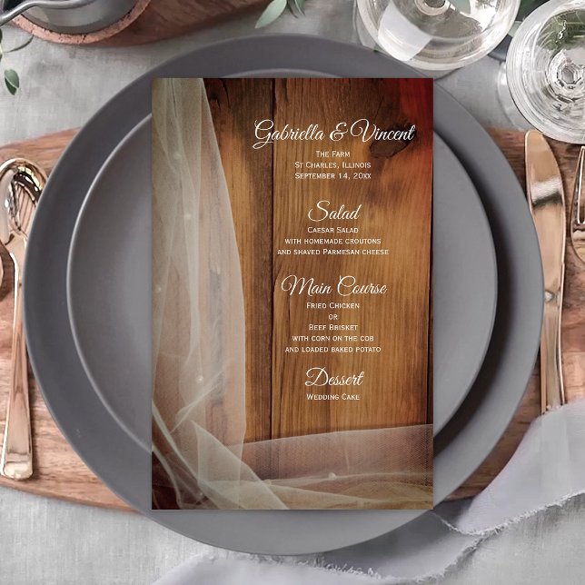 Velo de novia y menú de bodas de campo de madera d (Subido por el creador)