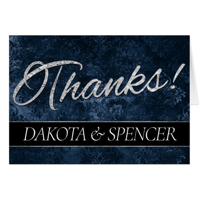 Velvety Navy Damask | Tarjeta de agradecimiento az (Anverso (Horizontal))