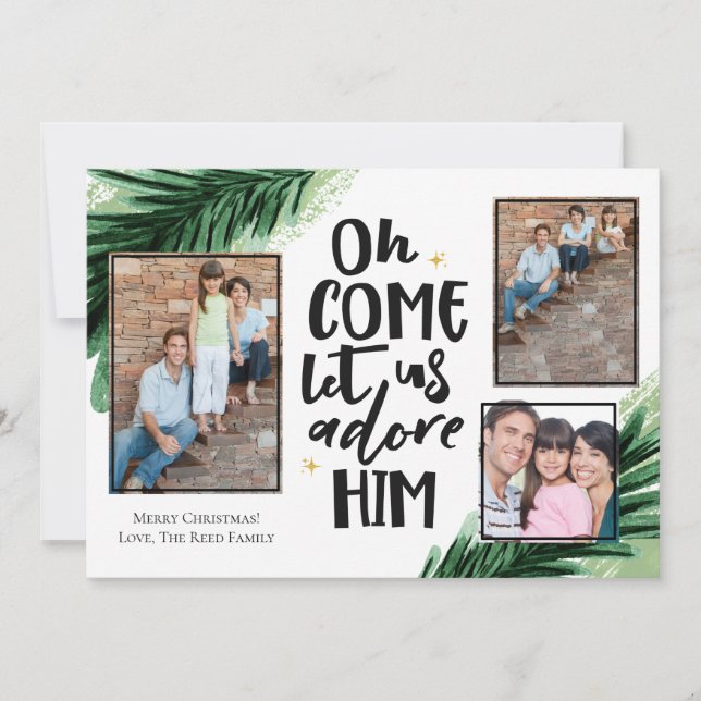 Ven Adore Him | Tarjeta fotográfica de Navidad (Anverso)