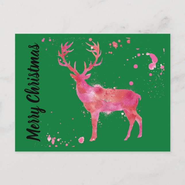 Venado acuarela, verde naranja rosa Feliz Navidad (Anverso)