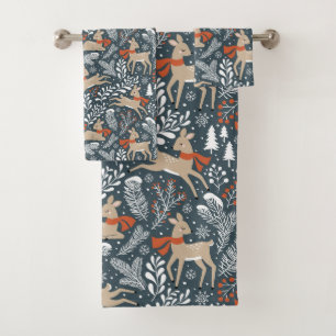 Venado de invierno, árboles, ramas y copos de niev
