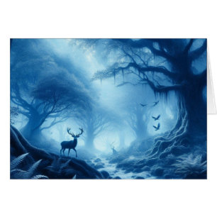 Venado en un bosque oscuro de niebla azul