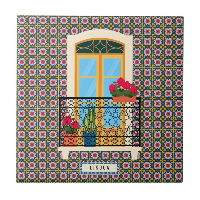 Ventana de la casa de Lisboa con plantas y azulejo (Frente)
