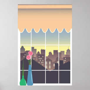 Ventana falsa con arte en la pared con vistas urba