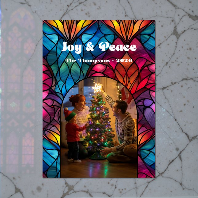 Ventanilla de vidrio manchado: Alegría y Navidad d (Stained Glass Window Joy & Peace Christmas Photo Holiday Card)