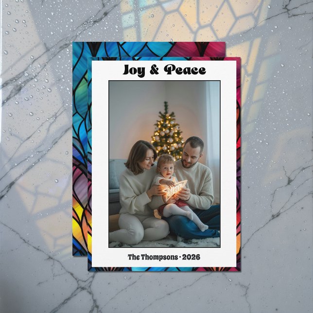 Ventanilla de vidrio manchado: Alegría y Navidad d (Stained Glass Window Joy & Peace Christmas Photo Holiday Card)