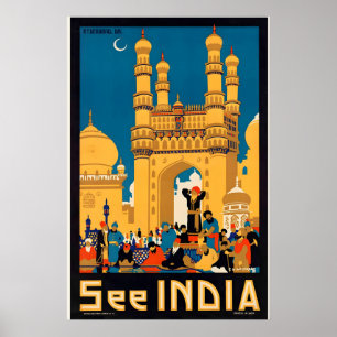 Ver India Hyderabad Charminar Póster de Viaje Vint