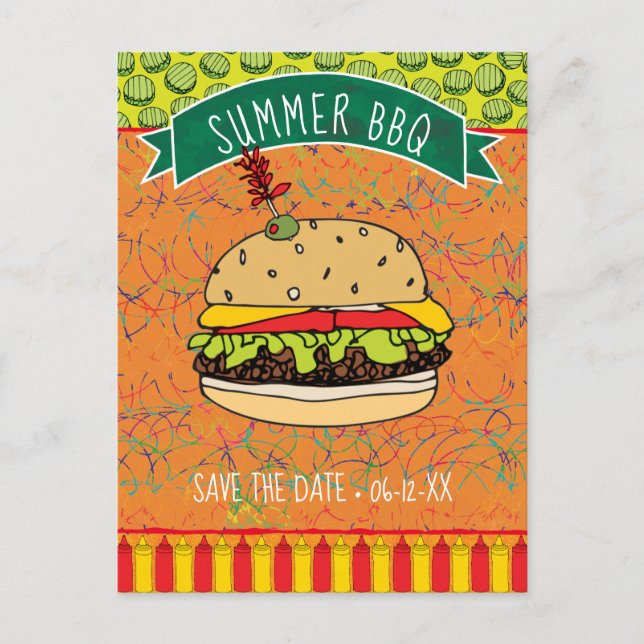 Verano BBQ Hamburger Guardar invitación de fecha (Anverso)