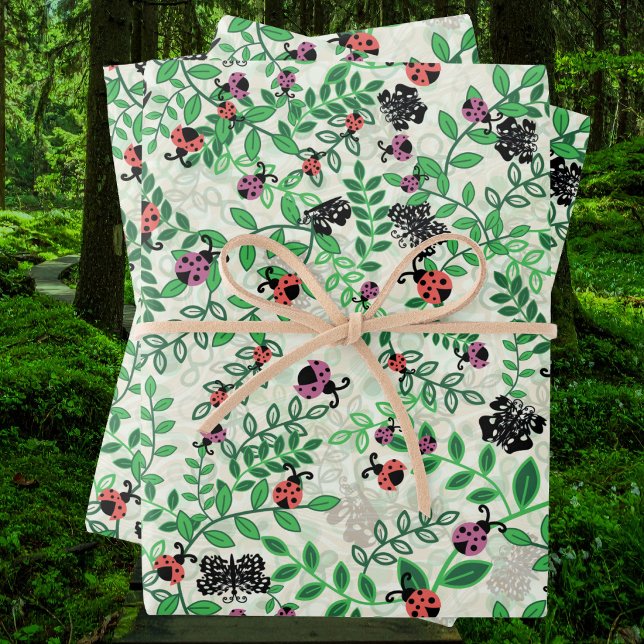 Verano - Mariquitas, Mariposas y Hojas (Summer - Lady Bugs, Butterflies and Leaves Wrapping Paper Sheets)