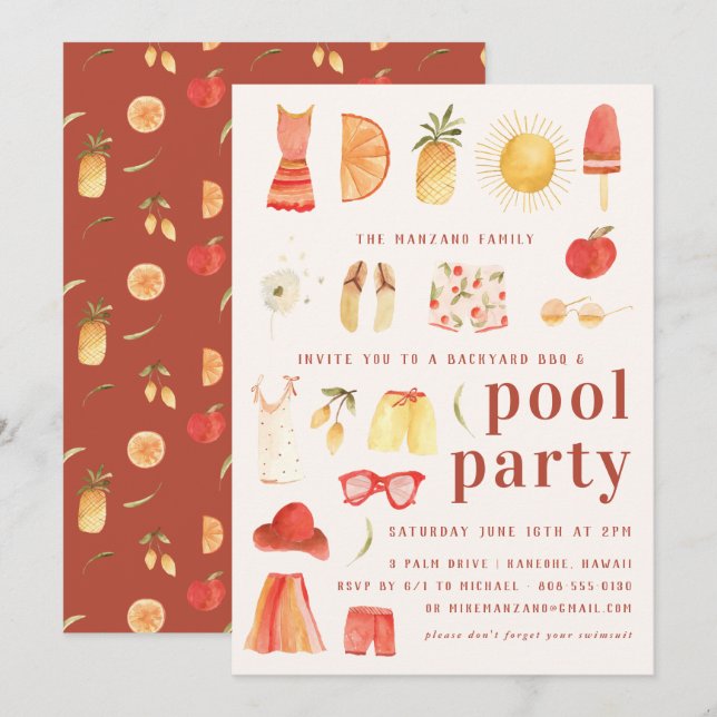 Verano Retro | Invitación a Fiesta de Piscina (Anverso / Reverso)