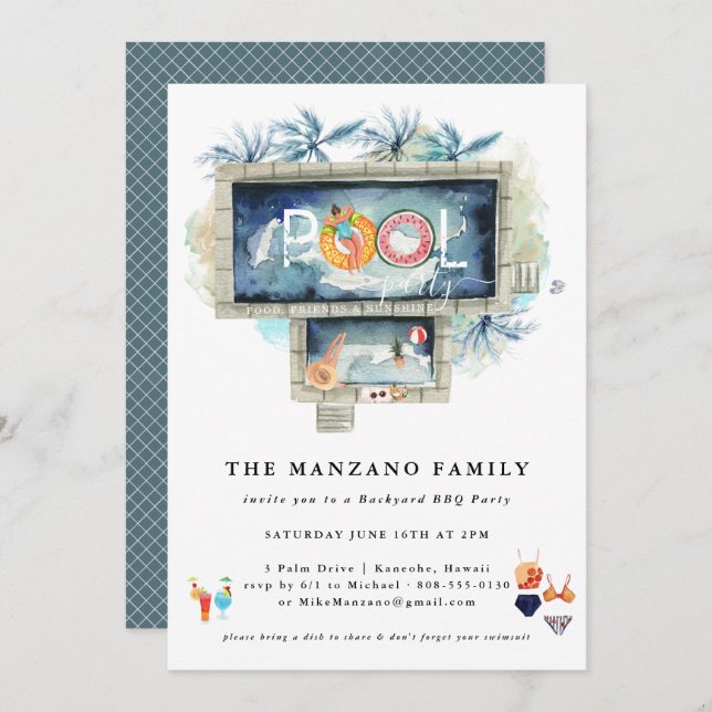 Verano Retro | Invitación a Fiesta de Piscina (Anverso / Reverso)