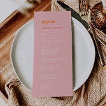 Verano retro | Menú de cena Boda rosa y Naranja<br><div class="desc">Esta retro tarjeta de menú para la cena, rosa y naranja, es perfecta para un boda colorido. El moderno y exclusivo diseño de estilo vintage presenta una lujosa paleta de colores rosa rosa y brillante con divertidas vibrantes vibraciones tropicales de playa. Este menú se puede utilizar para la recepción de...</div>