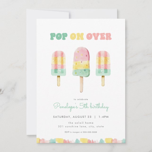 Verano sobre invitación de cumpleaños de Popsicle (Anverso)
