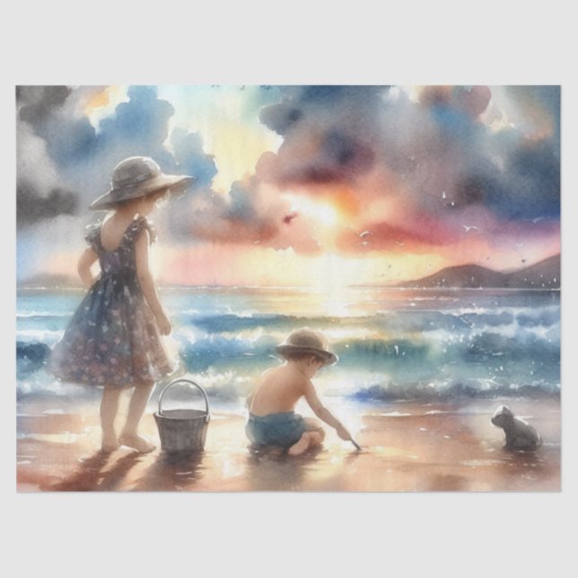 Verano Vintage Niños Playa 3 Papel de Tejido (Anverso)