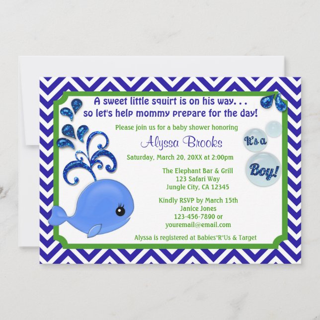 Verde azul de Chevron de las invitaciones de Baby (Anverso)