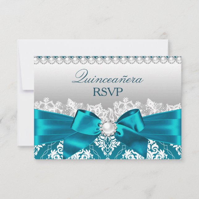 Verde azulada Damask Pearl Bow Quinceanera RSVP (Anverso)