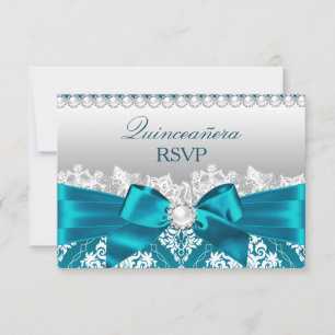 Verde azulada Damask Pearl Bow Quinceanera RSVP