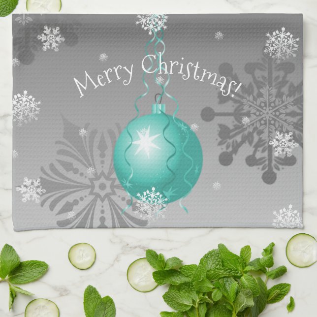 Verde azulada toalla de cocina con adornos navideñ (Doblado)