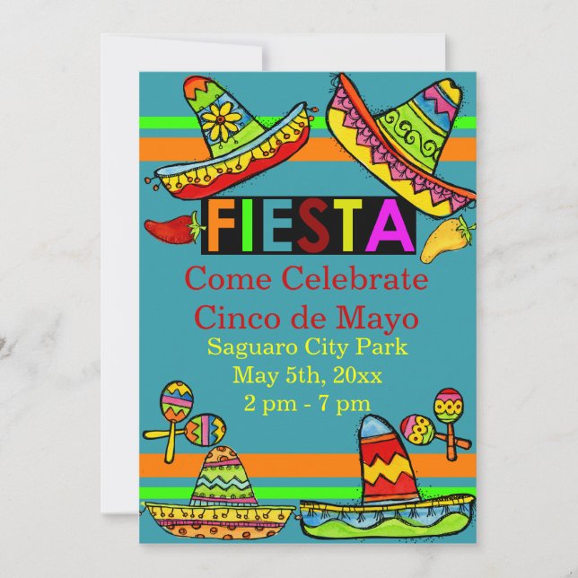 Verde azuladas invitaciones a la Fiesta Cinco de M (Anverso)