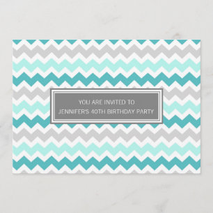 Verde azulado Chevron Gris 40a invitación a fiesta