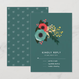 Verde azulado floral moderno Tarjetas RSVP de bo