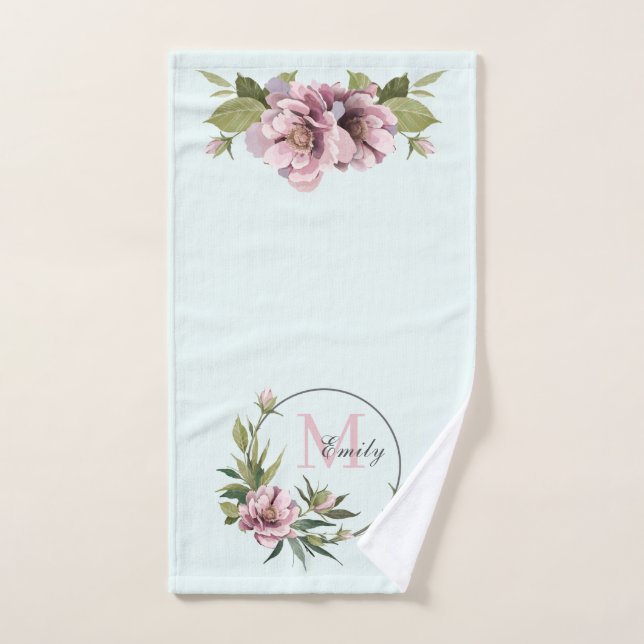 Verde azulado, peonías rosadas monograma inicial p (Toalla de mano)
