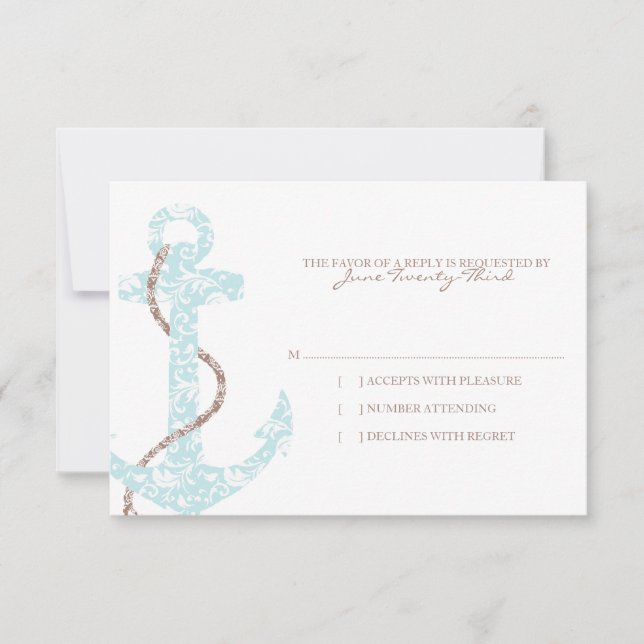 Verde azulado y marrón Anchor Beach Wedding rsvp (Anverso)