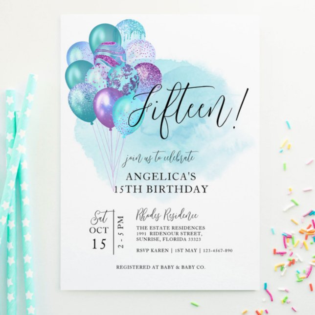 Verde azulados globos púrpura invitación a cumplir (Subido por el creador)