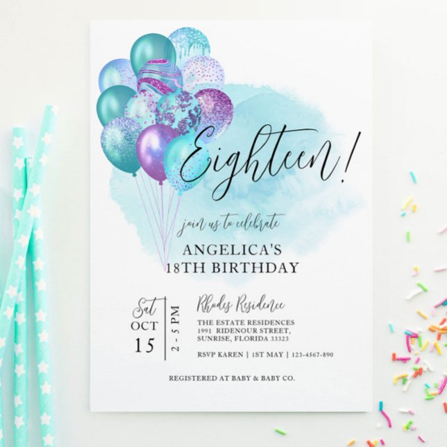 Verde azulados globos púrpura invitación a los 18  (Subido por el creador)