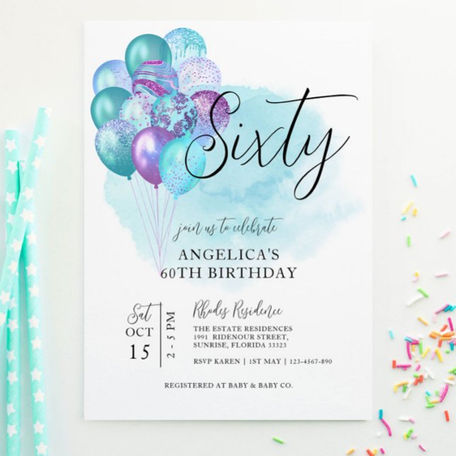 Verde azulados globos púrpuros Invitación a cumpli (Subido por el creador)