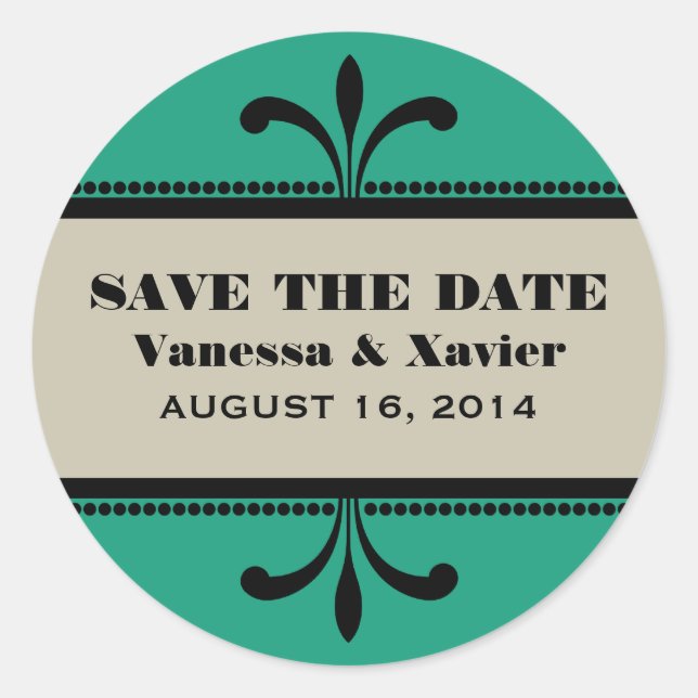 Verde/Beige Fancy Art Deco Save the Date Pegatinas (Anverso)