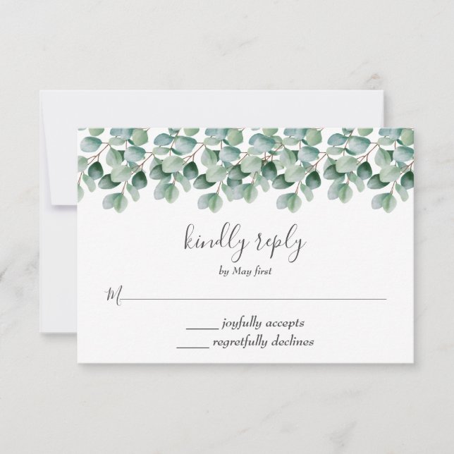 Verde botánico de eucalipto RSVP de boda (Anverso)