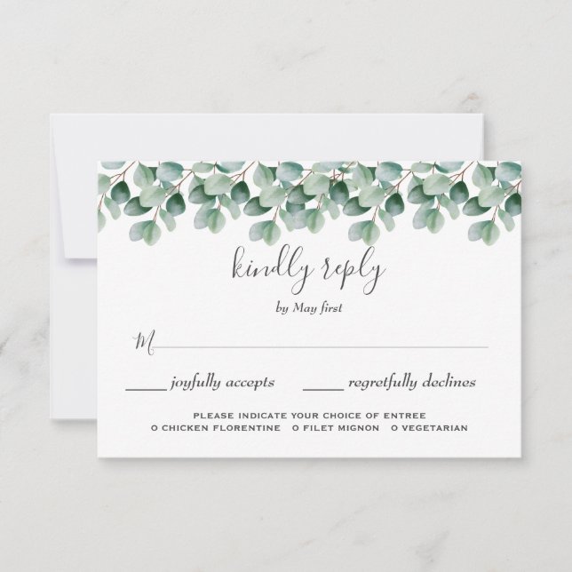 Verde botánico de eucalipto RSVP de boda (Anverso)